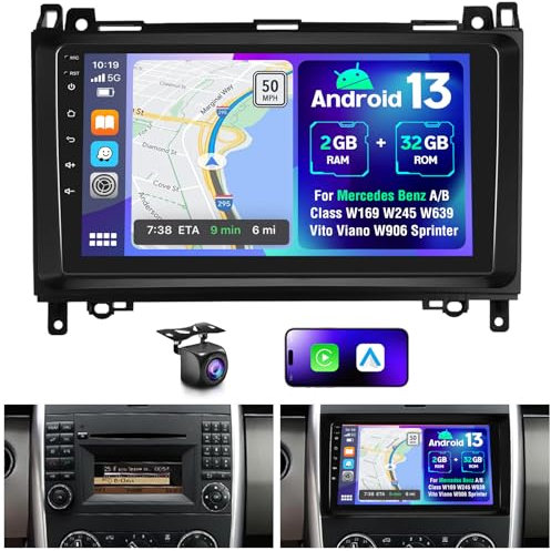 2G+32G Android 13 Autoradio für Mercedes Benz A/B/V Class B200 W245 W169 W639 W906 Sprinter mit Carplay Android Auto 9 Zoll Radio mit Bluetooth Mirror Link WiFi GPS SWC FM/RDS Rückfahrkamer