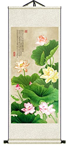 Traditionelles chinesisches Rollbild, Rollbild, Bambus-Wandlotusmuster, chinesisches Rollbild, asiatische Wanddekoration, orientalische Rollenbilder for leere Wände (80 x 30)