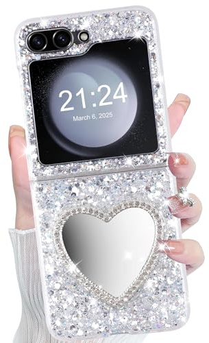 WATACHE Galaxy Z Flip 5 Case Glitter Love Paw Mirror Flip Protective Cover for Samsung Galaxy Z Flip 5 2023 5G for Women Girl - Silver