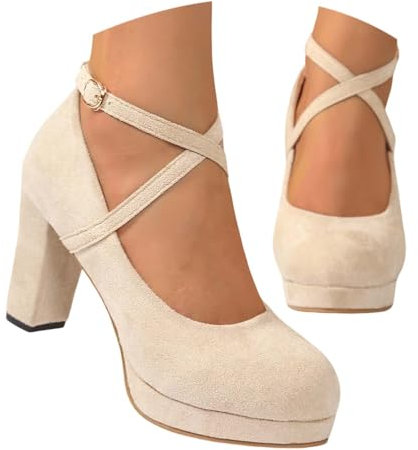 Spangenpumps Brautschuhe Hochzeitsschuhe,Damen Pumps mit hohem Blockabsatz Party-Schuhe elegant zum Hineinschlüpfen Riemchen High Heel Dirndl Halbschuhe Absatzschuhe Highheels Ballerina Beige 40
