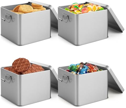 YAYODS 4PCS Metal Biscuit Tin with Clip Lid, Airtight Square Biscuit Barrel for Kitchen Storage, Cookie and Snack Jar to Keep Fresh, Durable Silver Food Container Box, 120x120x95MM