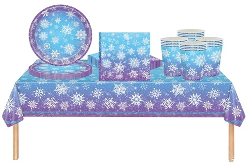 53Pcs Christmas Party Tableware Set for Table Decor,Blue Christmas Snow 137x274cm Large Plastic Tablecloth Blue Xmas Winter Party Paper Plates Cups Napkins Dinnerware Set for Xmas Favor Tableware
