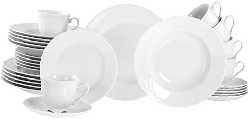 CreaTable, 12644, Serie Rokoko Weiss, 30-teiliges Geschirrset für 6 Personen, Kombiservice aus Porzellan, spülmaschinen- und mikrowellengeeignet, Made in Europe
