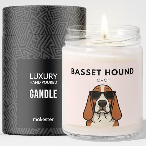 Basset Hound Gifts - Luxury Soy Wax Candle - Vanilla, Jasmine, Sugared Almond - Dogs in Shades - Makester
