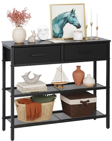 Panana Slim Console Table,Hallway Table 75x24x76.5cm,Black | 2 Non-woven Drawers & 2 Shelves, 3-Tier Sofa Table with Storage for Small Spaces, Living Room, Office