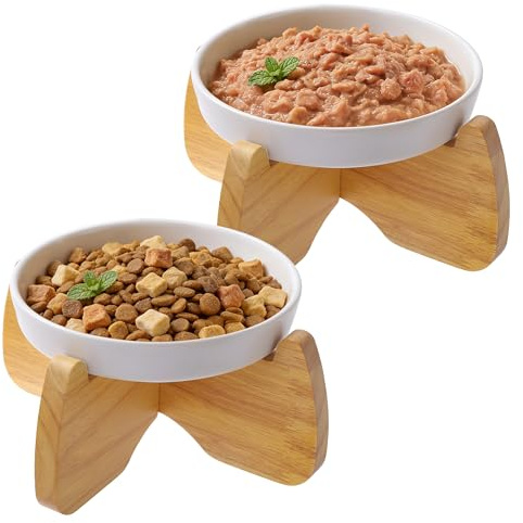 GUWINA 2 Pièces Gamelles Surélevées Céramique 16 cm pour Chats avec Support | Bols Peu Profonds pour Croquettes et Pâtée, pour Croquettes et Pâtée, Lavable au Lave-Vaisselle