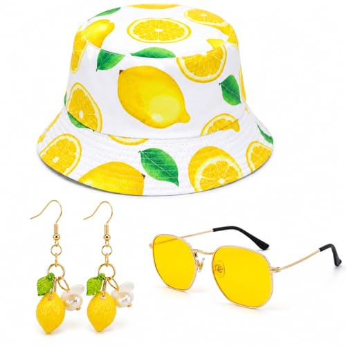 MOAZIFI 3 Stück Zitrone Fischerhut Set, Zitronen Sonnenbrille und Ohrringe, Zitronen Deko für Dein Perfektes Malle Outfit Damen, Sommer Strand Urlaub, Passend für Damen