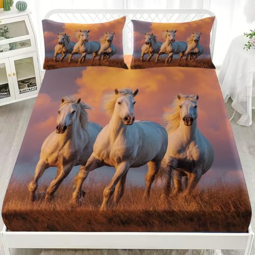 Lenzuola Letto Singolo 90x200 cm Cavallo Di Prateria Animale Completo Lenzuola con Angoli, Set con Lenzuolo con Angoli e 2 Federe Animale Microfibra Traspirante, Profonda 30 cm