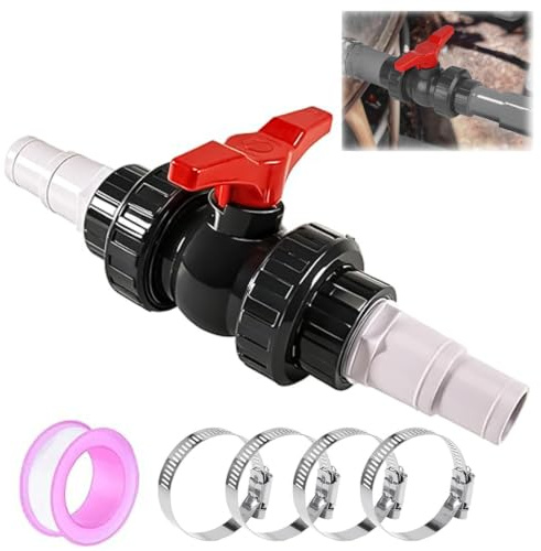 Kugelhahn mit Schlauchverbinder 1,5 Zoll (50 mm), Absperrhahn Pool Absperrventil Set inkl. 2 Schlauchtüllen 32–38 mm, PVC Kugelventil Poolschlauch Verbinder Pool Adapter mit Klemmen & Dichtband