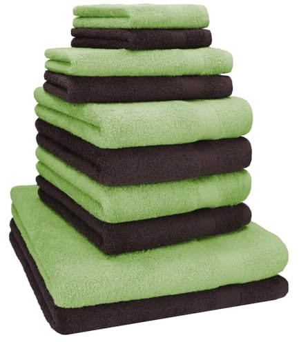 Betz 10-TLG. Handtuch-Set Classic 100% Baumwolle 2 Duschtücher 4 Handtücher 2 Gästetücher 2 Seiftücher Farbe apfelgrün und Dunkelbraun