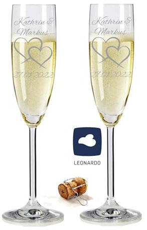 laser-diele 2 Leonardo Sektgläser mit Gravur - Geschenk zur Hochzeit - Graviert mit Namen und Datum - Sekt Zwei Herzen