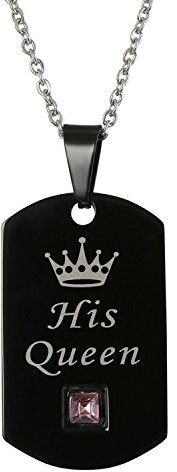 JewelryWe Schmuck Freundschaftsketten mit kostenloser Gravur, Edelstahl Partner-Anhänger Halskette mit Gravur His Queen Krone Zirkonia Dog Tag, Paar Anhänger mit 45cm Kette für Damen, Schwarz