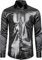 JOGAL Herren Pailletten Hemd 70er Langarm Disco Party Kostüm X-Large Schwarz