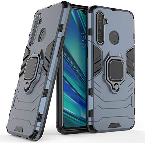 Compatible con OPPO Realme 5 Pro, Realme Q Funda, Anillo Metálico Sujeción Soporte Antichoque Caja (Funciona con el Montaje de Coche Magnético) Doble Capa Case Carcasa (Azul Marino)