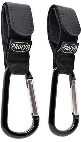 Prolyr® Gancho aluminio silla paseo carrito bebé – Pack 2, Colgador Ligero y Resistente para bolsas, bolsos, mochilas, etc., Multiusos, Ajuste universal e Instalación rápida (Negro).