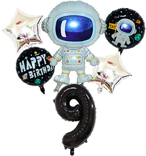 DIWULI Weltraum Kindergeburtstag 9 Jahre Set - Weltraum Deko Ballons, Zahlen-Ballon Zahl 9 Luftballon schwarz, Astronauten Kindergeburtstag, Geburtstagsdeko Jungen Weltall Deko, Astronauten Party
