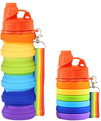 Newthinking Silicone Water Bottle for Kids, 500 ml Portable Collapsible Water Bottles, Leak Proof Silicone Drink Bottles with Lanyard Straps for Girls and Boys (Rainbow)