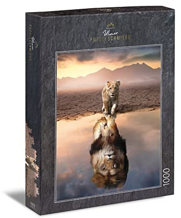Ulmer Puzzleschmiede - Puzzle Spieglein, Spieglein“ - Visionäres 1000 Teile Puzzle mit kreativem Tier-Charakter - der kleine Löwe mit dem großen Selbstbewusstsein entdeckt Seine Wilde Natur