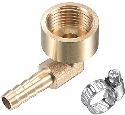 sourcing map Brass Hose Barb Fitting Elbow 8mm x G1/2 Female Thread Right Angle Pipe Connector with Stainless Steel Hose Clamp