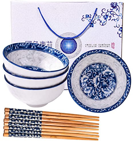 BOSILI Chinesische Reisschalen und Essstäbchen aus Keramik, Blau und Weiß, 4 Stück, für Suppe, Snack (4 Stück)