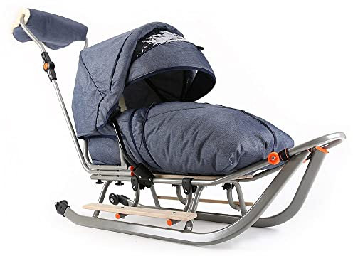 Teo & Gigi Rodelschlitten mit Rückenlehne | Davoser Schlitten mit Sicherheitsgurt und Winterfußsack | Baby Kinder Schlitten | Made IN EU | All Seasons Plus | blau