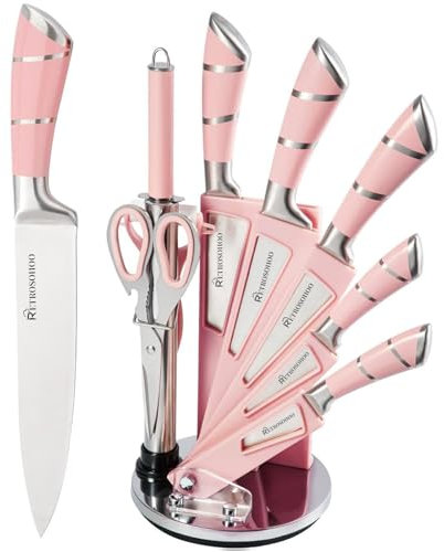 Retrosohoo - Set di coltelli da cucina da 9 pezzi, tagliente e antiaderente, include supporto e affilacoltelli, coltelli da chef in acciaio inox per tagliare, tritare e affettare, rosa