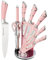 Retrosohoo - Set di coltelli da cucina da 9 pezzi, tagliente e antiaderente, include supporto e affilacoltelli, coltelli da chef in acciaio inox per tagliare, tritare e affettare, rosa