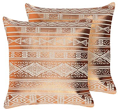 Beliani Dekokissen 2er Set mit Füllung Motiv Baumwolle Kupfer Metallic 50 x 50 cm Oujda