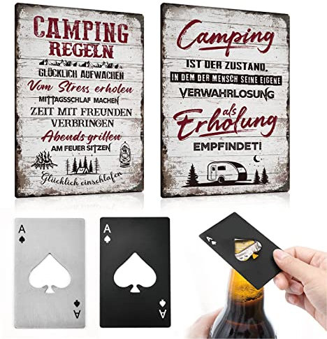 ESFIVHO 4er Set - Blech-schilder Camping lustig Spruch 20x30cm(2Stücke) - Campingregeln - mit Metall Flaschenöffner (2Stücke) - Geschenk-idee für Camper Wohnmobil Wohnwagen