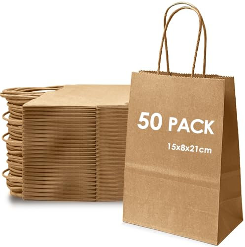 Lot de 50 Sacs Papier Kraft avec Poignées - Sacs Cadeau Grand Format pour Anniversaire, Mariage, Thanksgiving, Noël, Shopping et Emballage - 21x8x15cm