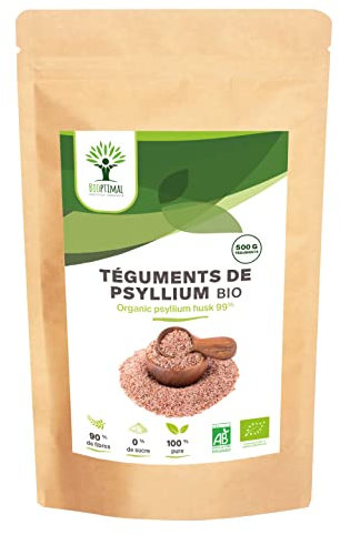 Psyllium Blond Bio - Bioptimal - Teguments de Psyllium - Husk Raw - Cosse non moulue - Riche en Fibre - Digestion Transit Coupe Faim - Origine Inde - Conditionné en France - Certifié Ecocert - 500g