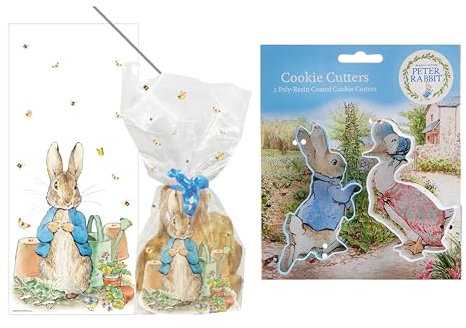 Anniversary House Peter Rabbit Cookie Cutters, 20 Individual Peter Rabbit Treat Bags, Sweet Party Gift, Poly-Resin Cookie Cutters, and BOPP Clear Bags, AMZ018
