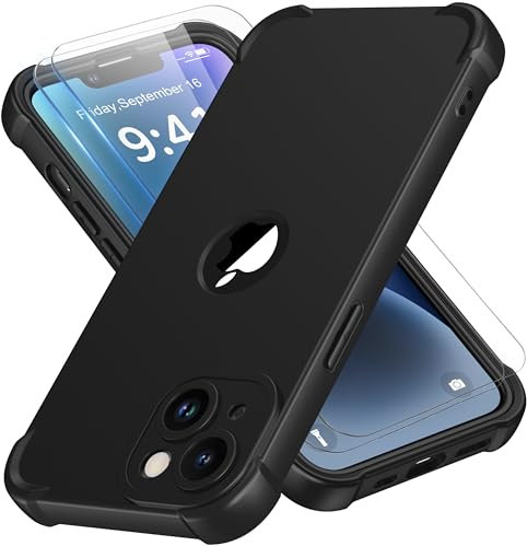 ORETECH für iPhone 14 Hülle Silikon, mit 2 Stück Schutzfolie, 360 Grad Ganzkörper Stoßfest Kratzfest Anti-Fingerabdruck Silikon Handyhülle für iPhone 14 Case 6,1 Zoll, Schwarz