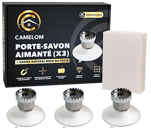 CAMELOM Lot de 3 Porte Savon Aimanté avec Ventouse - Porte Savon Ventouse puissante - Porte Savon magnétique - Aimant Savon Solide Acier Inoxydable - Savon Naturel Noix de Coco 100g Inclus