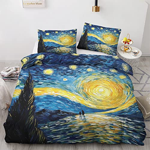 GEDAEUBA Sommer Bettwäsche 135x200 Van Gogh Sternennacht - Ölgemälde Bettbezug 135 x 200 2er Set, Wendebettwäsche und Kissenbezug 80x80, Weiche Mikrofaser Bettwäsche-Sets mit Reißverschluss