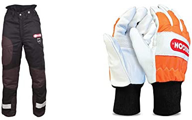 Oregon Yukon + Type A Class 1 (20 m/s) Chainsaw Protective Trousers for Sawing, Black, Size M (EU 46-48) & 295399M Chainsaw Protective Gloves, Leather – Pair (M)