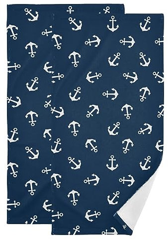 Marineblaue Anker Badetücher Set mit 2 nautischen Ozean-Themen, weißes Anker-Muster, weich, saugfähig, Küchen-Geschirrtuch, dekorative Handtücher für Badezimmer, Gäste, Dusche, Gesicht, Haare,