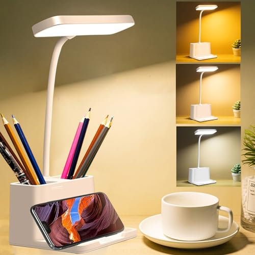 Desk Lamp, USB Rechargeable LED Desk Lamp, 3 Eye-Caring Modes, Dimmable Desk Light for Study, Pen & Phone Holder and Flexible Gooseneck Multi-Function Table Lamp for Office, Home, Reading, Bedroom