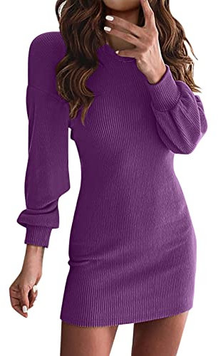 BOTCAM Abito a maglia da donna, invernale, maniche a sbuff, girocollo, mini abito invernale da donna, elegante, ad alta elasticità, per autunno e inverno, slim fit, elasticizzato, abito sexy, Lilla, S