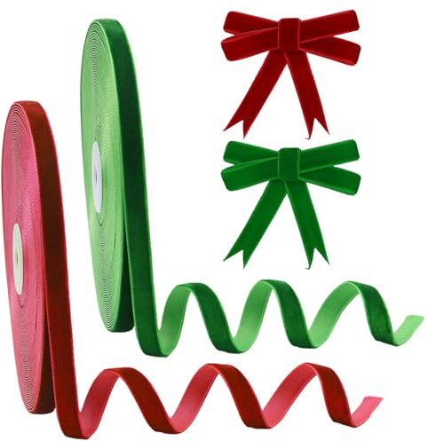 BYZANDQI 22m Schleifenband 10mm Samtband, Geschenkband Weihnachten Rot Grün Fusselband Dekoband Weihnachtsband, 2er-Rolle