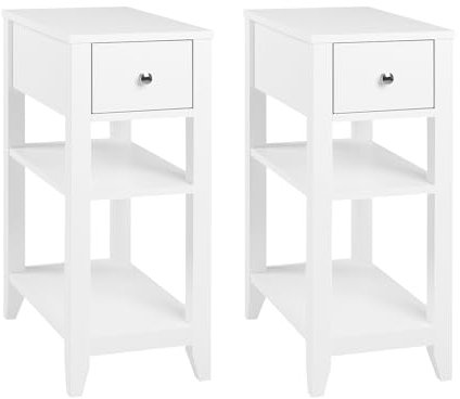 WOLTU 2er Set Nachttisch schmal, Nachtschrank mit Schublade, 2 offenen Ablagen, Beistelltisch Couchtisch modern, 45x66x28 cm, platzsparend, Nachtkommode aus Holz, weiß, NTS02ws-2