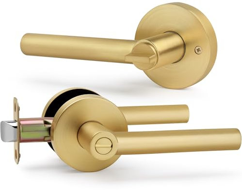 LOQRON Brushed Gold No Keys Privacy Door Handle, Round Design Keyless Heavy Duty Gold Interior Door Lever with Satin Brass Finish, Reversible for Left/Right Handed for Bedroom and Bathroom Door