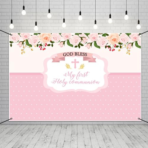 MIRRORANG Polyester 1,8 x 1,1 m Erste Kommunion Party Dekor Banner Rosa Taufe Banner Floral God Bless Baby Shower Hintergrund Neugeborenes Säugling Foto Hintergrund
