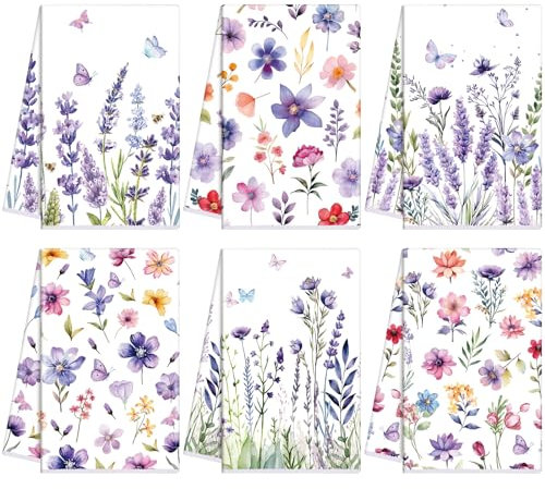 Oudain 6 Stück Frühlings-Geschirrtücher mit Lavendelblüte, Handtücher, Blumenmotiv, Schmetterling, Dekoration, Geschenk für Frühling, Urlaub, Badezimmer-Zubehör