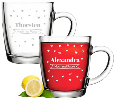 polar-effekt Lot de 2 verres à thé 340 ml avec gravure personnalisée - Tasse à thé résistante à la chaleur avec nom - Cadeau d'anniversaire - Sans BPA