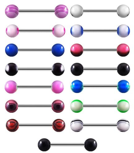 15 pcs Acrylic Piercing Tongue Stick Random Set 14G, bijoux pour piercing corporel,Percing a la langue,Boule piercing langue