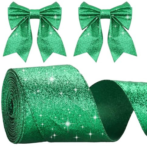 G2PLUS 10M Nastro Regalo di Natale,Nastrino Verde 6 cm Nastro Natalizio Glitterato Con filo di Ferro per Confezioni Regalo Alberi di Natale,Decorazioni Nuziali