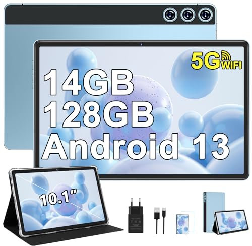 ZIOVO Tablette 10 Pouces Android 13 Tablette Tactile,14Go RAM+128Go ROM(TF 1To), Octa-Core 2.0GHz, GMS/5G WiFi Tablette/8000mAh/5MP+8MP/BT 5.0/GPS/Coque métallique Tablette avec Cas - Bleu