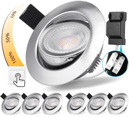 LED Einbaustrahler 3 Stufe Dimmbar Flach IP44, 5W LED Spots 230V Warmweiß 3000K Deckenspots LED Ersetzt 50W Halogen, 45° Schwenkbar Einbauleuchten 68mm Einbauspot für Bad Küche Wohnzimmer, 6er Set