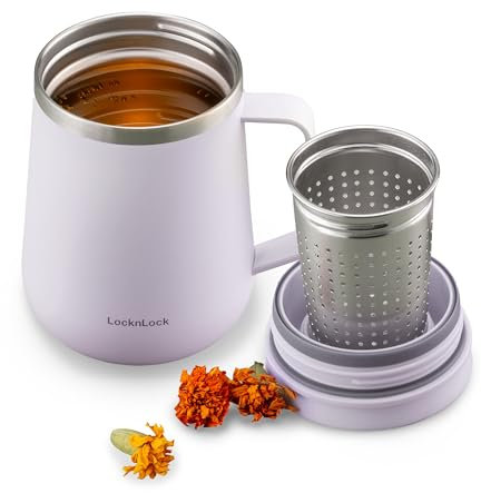 LocknLock Metro Teebecher, Violett, 400 ml, Tee- und Kaffeebecher mit Tee-Ei, Deckel und Griff, doppelwandig, Edelstahl, vakuumisoliert, Reisebecher